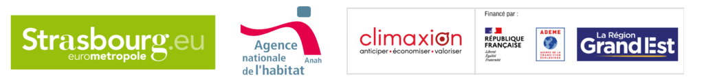 Logos Strasbourg.eu, Agence National de l'Habitat, Climaxion anticiper - économiser - valoriser, financé par ADEME, région Grand Est
